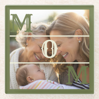 Minimalist Olive Green Custom Photo Mom Keepsake Glass Coaster