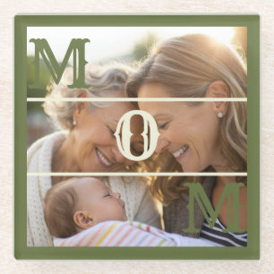Minimalist Olive Green Custom Photo Mum Keepsake Glass Coaster