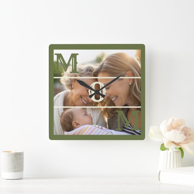 Minimalist Olive Green Custom Photo Mum Keepsake Square Wall Clock (Home)