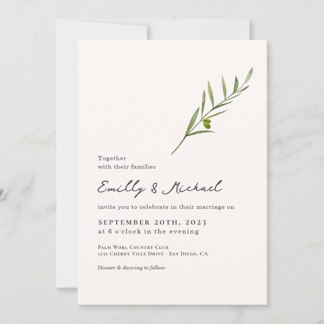 Minimalist Olive Green Leaf Bran Wedding Invitation (Front)