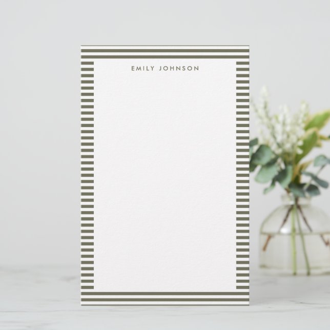Minimalist Olive Green Stripes Monogram Stationery (Standing Front)
