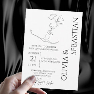 Minimalist One Line Art Kissing Couple Wedding Invitation
