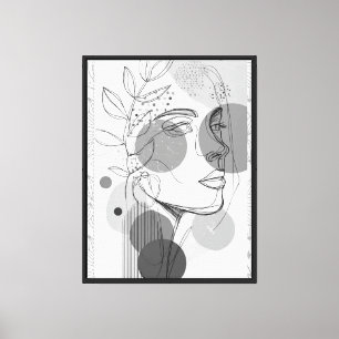 Minimalist One Line Art Portrait with Botanical an Canvas Print