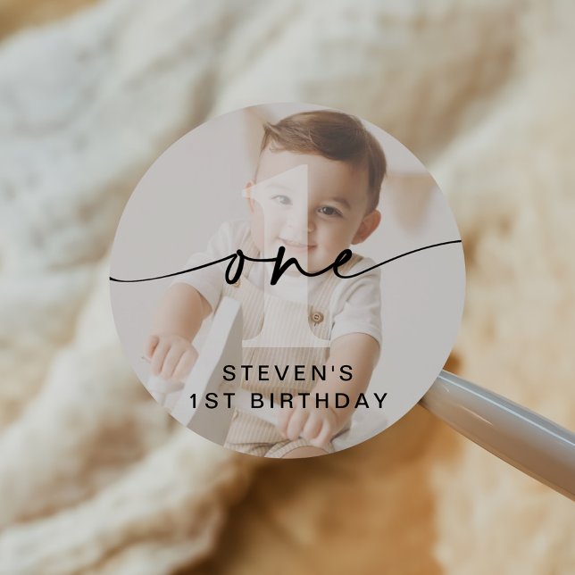 Minimalist One Photo First Birthday Classic Round Sticker (Creator Uploaded)
