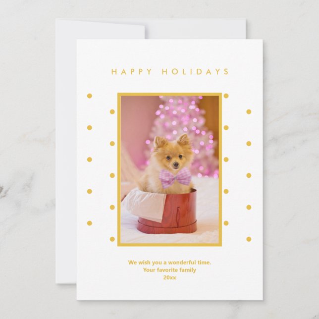 Minimalist One Photo Golden Yellow Dots  Holiday Card (Front)