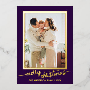 Minimalist One Photo Script Merry Christmas Foil Holiday Card