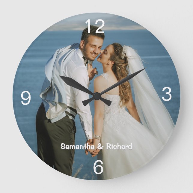 Minimalist One Photo Wedding  Couple Name   Large Clock (Front)