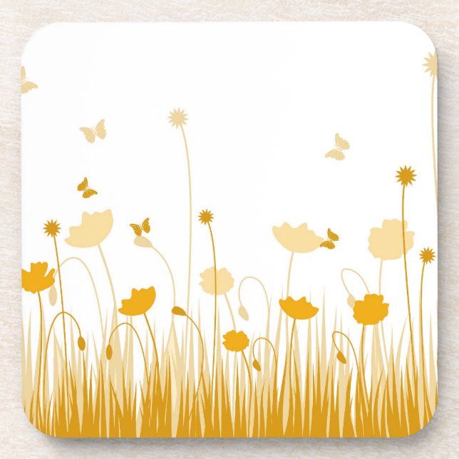 Minimalist Orange and White Poppies Meadow Floral Coaster (Front)