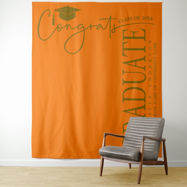 Minimalist Orange & Gold Congrats Graduate Tapestry (In Situ)