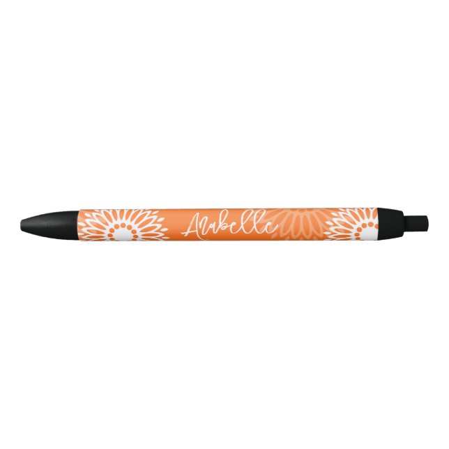 Minimalist Orange Mandala Geometric Floral Name Black Ink Pen (Front)