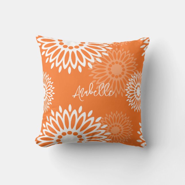 Minimalist Orange Mandala Geometric Floral Name Cushion (Front)