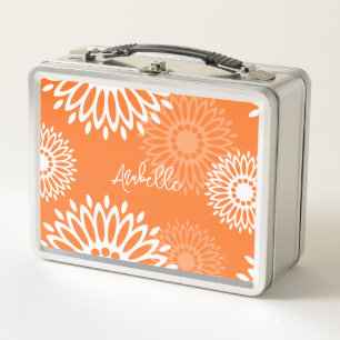 Minimalist Orange Mandala Geometric Floral Name Metal Lunch Box