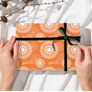 Minimalist Orange Mandala Geometric Floral Name Tissue Paper