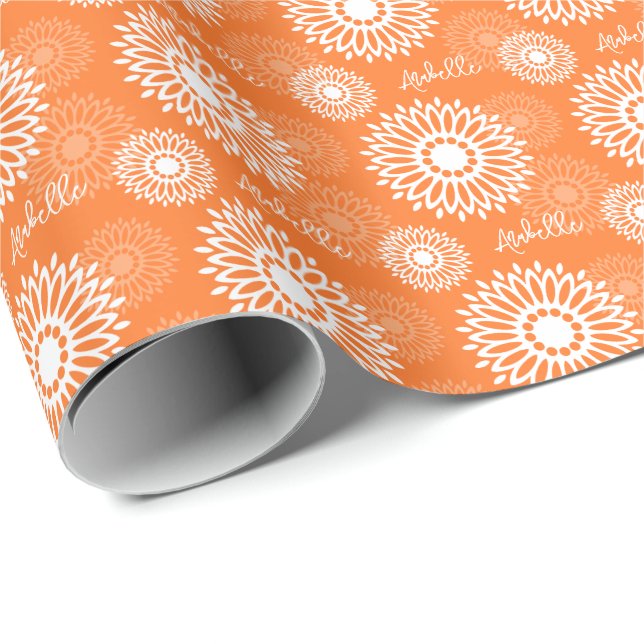 Minimalist Orange Mandala Geometric Floral Name Wrapping Paper (Roll Corner)