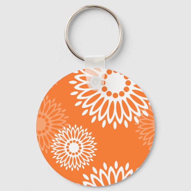 Minimalist Orange Mandala Geometric Floral Pattern Key Ring (Front)