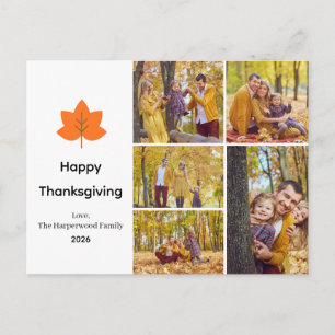 Minimalist Orange Maple Leaf 5 Photo thanksgiving Holiday Postcard