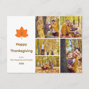 Minimalist Orange Maple Leaf 5 Photo thanksgiving Holiday Postcard