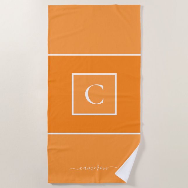 Minimalist Orange Monogram Personalized Beach Towel (Front)