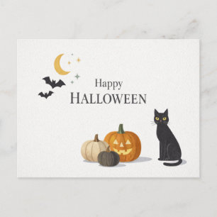 Minimalist Orange Pumpkin Black Cat Halloween Holiday Postcard