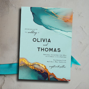 Minimalist Orange Teal Modern Script Fall Wedding Invitation