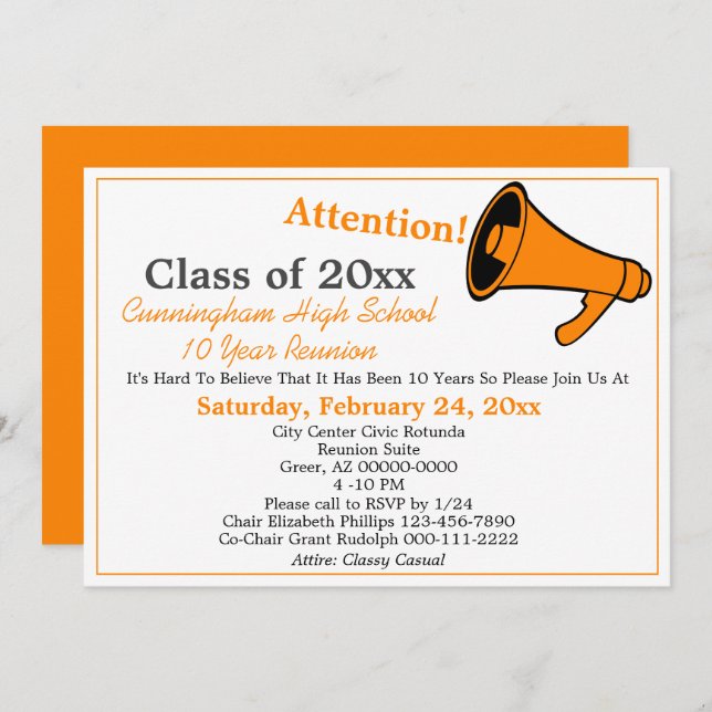 Minimalist Orange White High School Class Reunion Invitation (Front/Back)