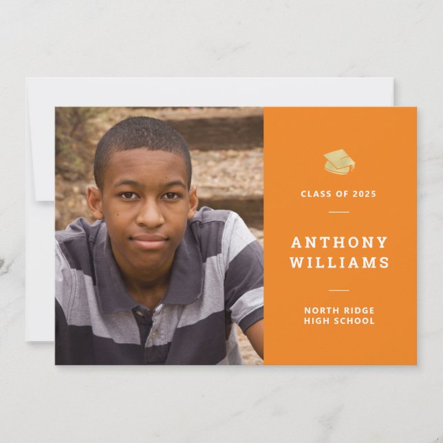 Minimalist Orange & White Photo Graduation Invitation (Front)