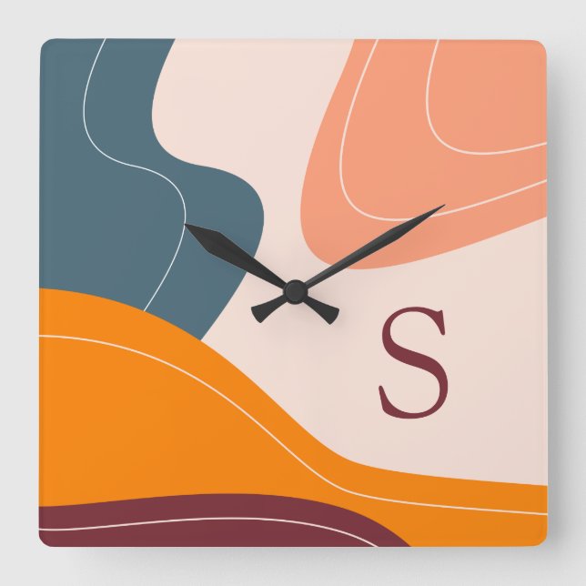 Minimalist Organic Shapes Waves Monogram Square Wall Clock (Front)
