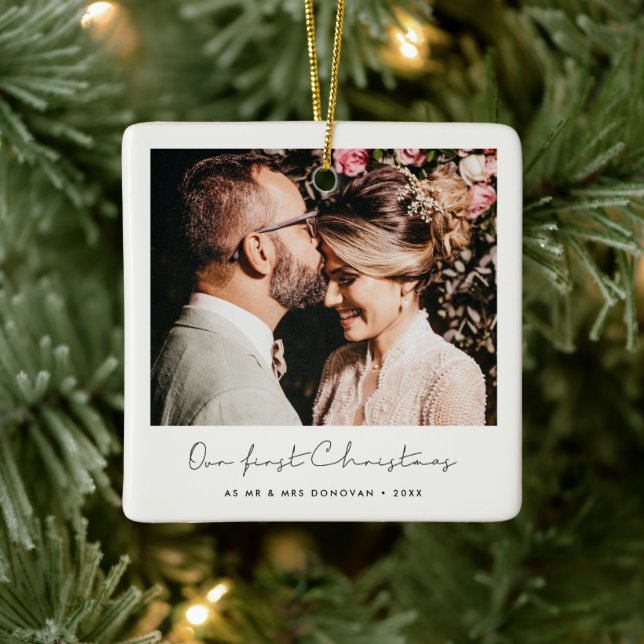 Minimalist Our First Christmas Couple's photo Ceramic Ornament (Tree)