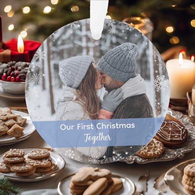 Minimalist Our First Christmas Together 2 Photos Ornament (Our First Christmas Together as a Couple. Cute, Modern, Elegant Christmas Ornament. 2 Photos. Snow)