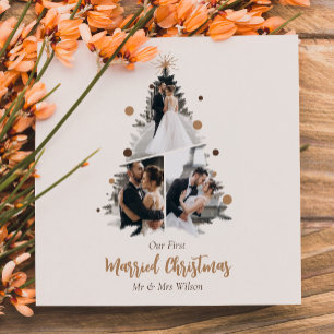 Minimalist Our First Married Christmas Three Photo Holiday Card