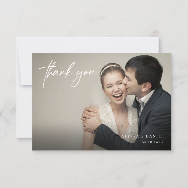 Minimalist Overlay Custom horizontal Wedding Photo Thank You Card (Front)