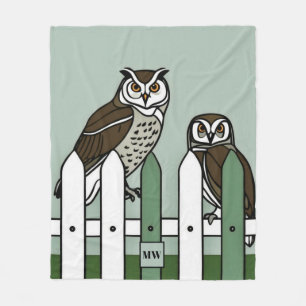 Minimalist owls on a fence monogram fleece blanket