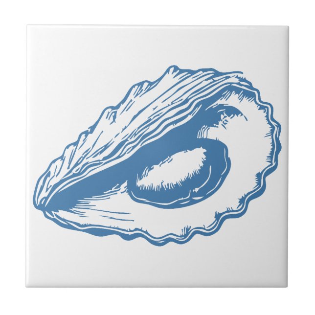 Minimalist Oyster Line Art Blue Outline Coastal Ceramic Tile (Front)