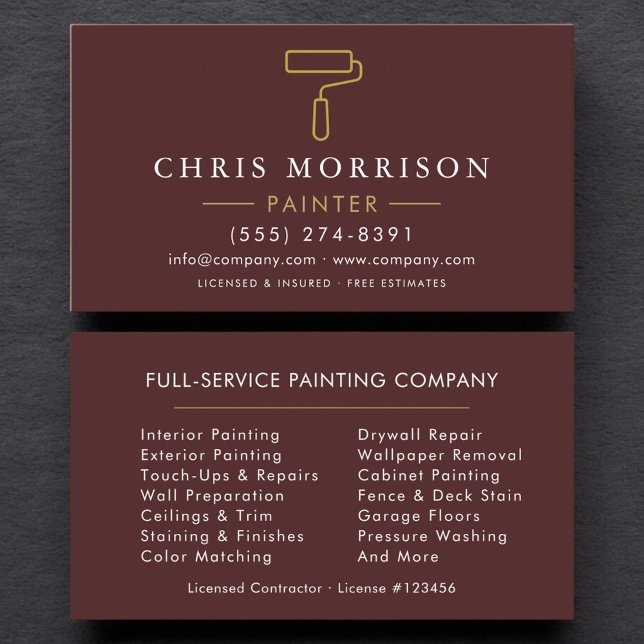 Minimalist Painter Burgundy Gold Modern Business Card (Creator Uploaded)
