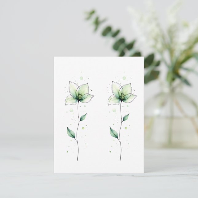 Minimalist Paired Green Watercolor Flowers Blank Card (Standing Front)
