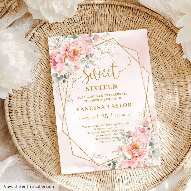 Minimalist Pale Pink Gold Peonies Sweet 16 Invites (Minimalist Pale Pink Gold Peonies Sweet 16 Invitation)