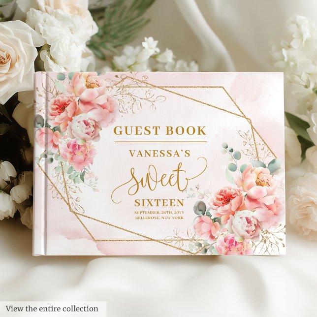 Minimalist Pale Pink Gold Peonies Sweet Sixteen  Guest Book (Minimalist Pale Pink Gold Peonies Sweet Sixteen Guest Book)