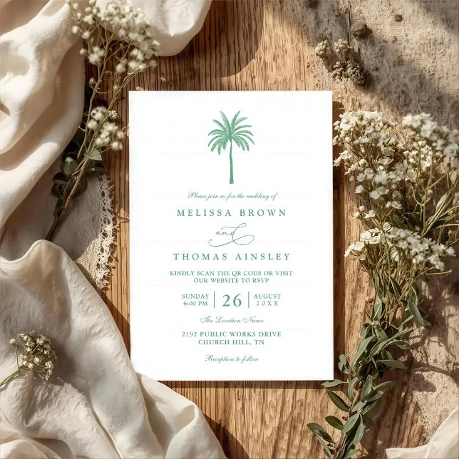 Minimalist Palm Tree Elegant Chic QR Code Wedding Invitation (Creator Uploaded)