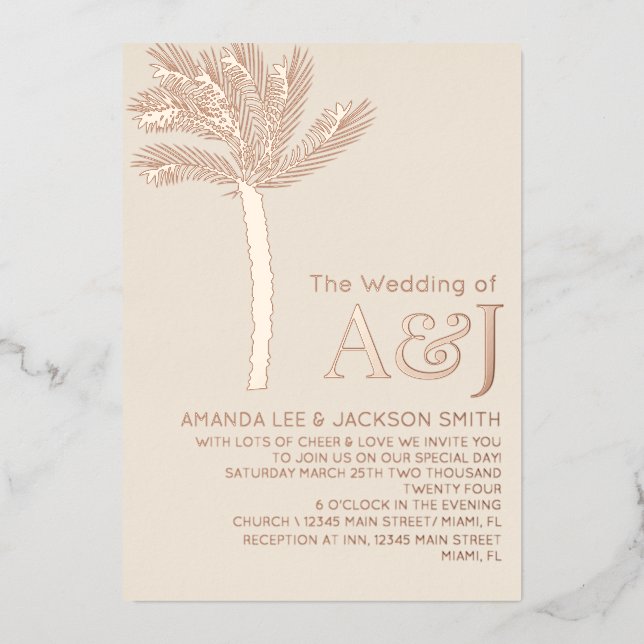 Minimalist Palm Tree Rose Gold Beige Wedding   (Front)