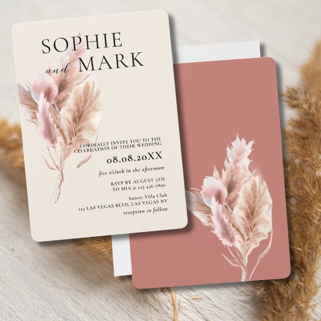 Minimalist Pampas Grass Rustic Boho Mauve Pink Invitation (Creator Uploaded)