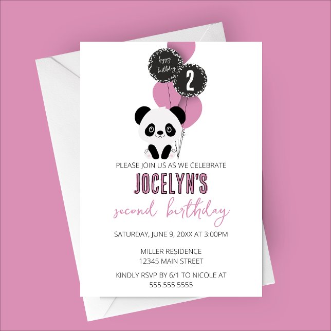 Minimalist Panda Bear Birthday Party Invitatoin Invitation (Minimalist Panda Birthday Party Invitation with Pink Balloons)
