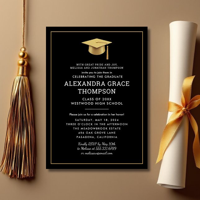 Minimalist Parents Names Black Gold Graduation Invitation (Creator Uploaded)