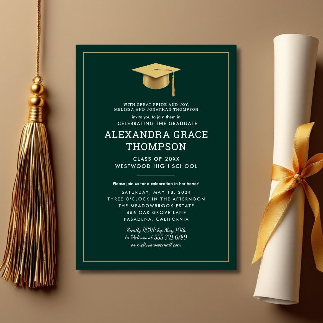 Minimalist Parents Names Green Gold Graduation Invitation (Creator Uploaded)