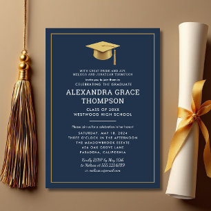 Minimalist Parents Names Navy Blue Gold Graduation Invitation