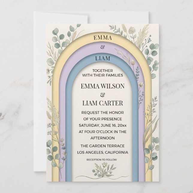 Minimalist Pastel Arch Frame Botanical Wedding Invitation (Front)