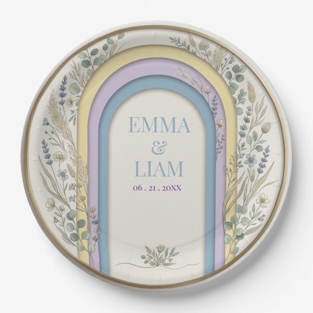 Minimalist Pastel Arch Frame Botanical Wedding Paper Plate (Front)
