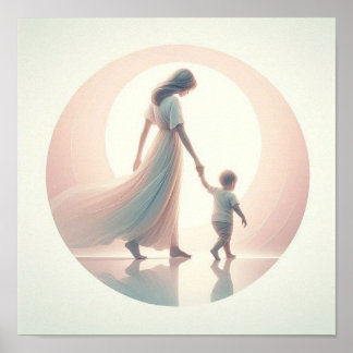 Minimalist Pastel Art of Mum with Baby Poster