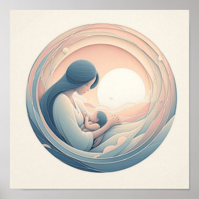 Minimalist Pastel Art of Mum with Baby Poster (Front)