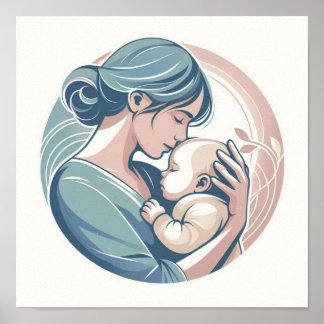 Minimalist Pastel Art of Mum with Baby Poster