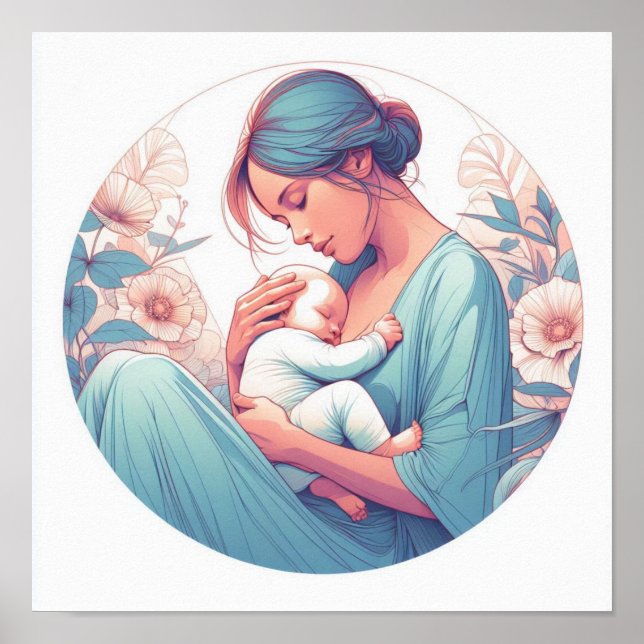 Minimalist Pastel Art of Mum with Baby Poster (Front)